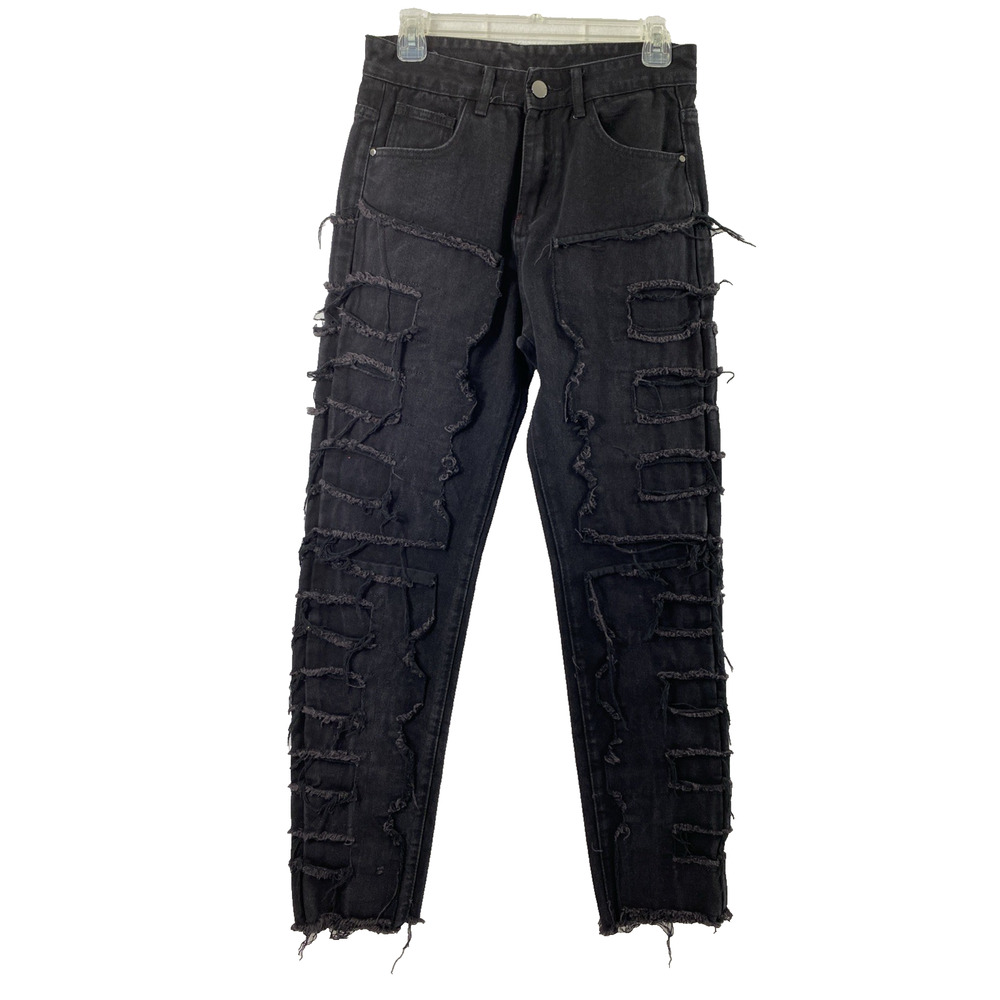 Womens Stacked Jeans Womens Sz 30 Black Denim Fringe Ripped Raw Hem High Rise #2